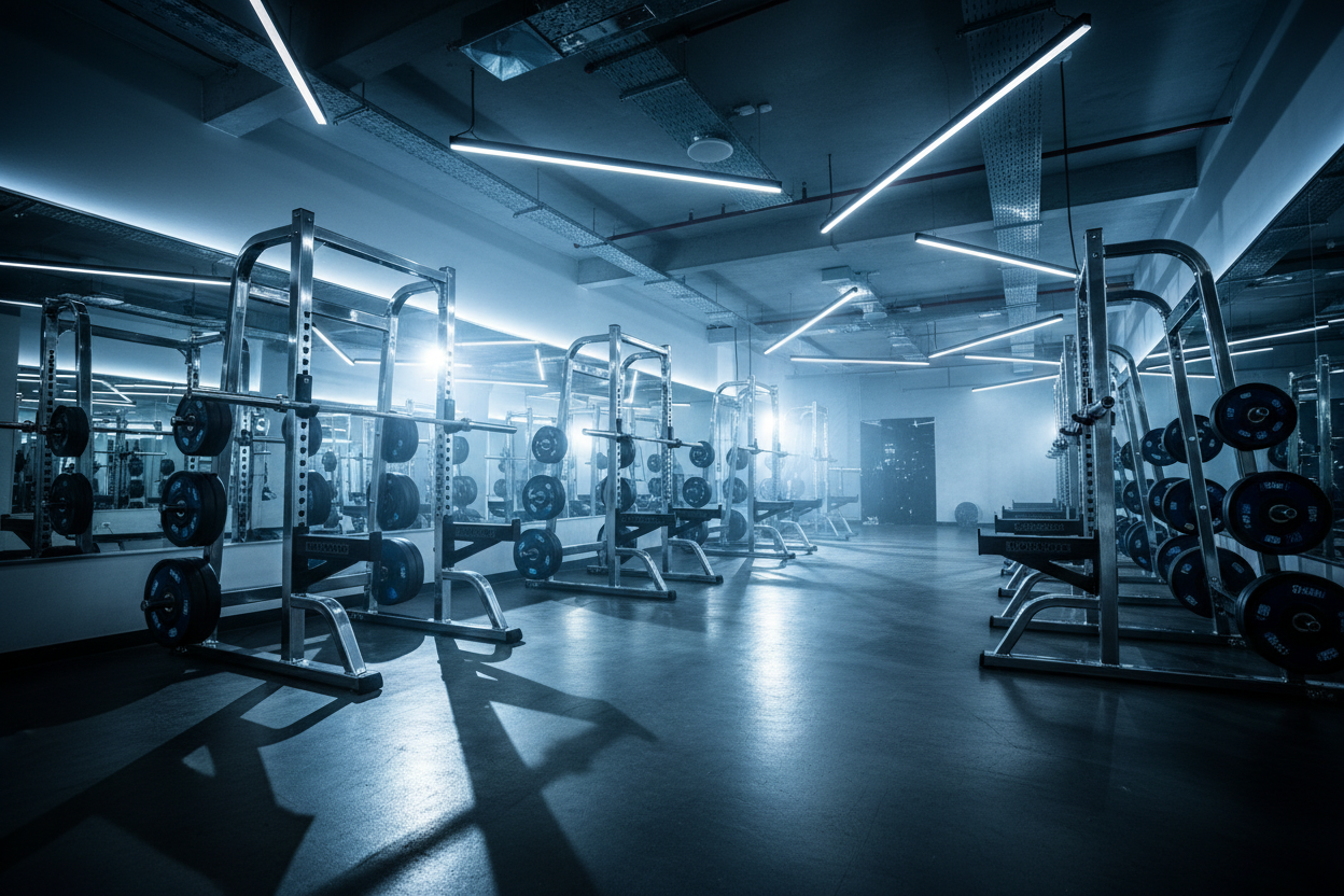 Generate a epic gym picture with modern lightning