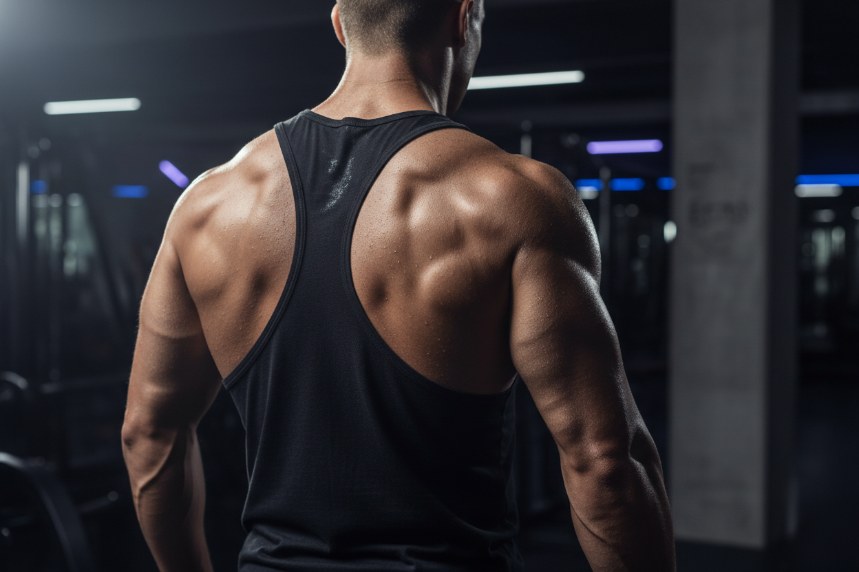 Same but with a tanktop and more defined back muscles